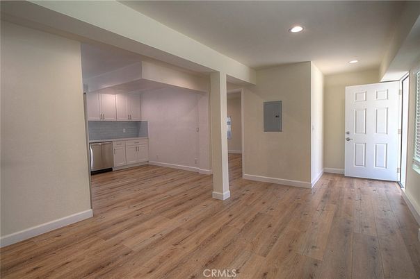 Empty room, Interior, Kitchen, Recessed Lighting, Wood Texture Flooring