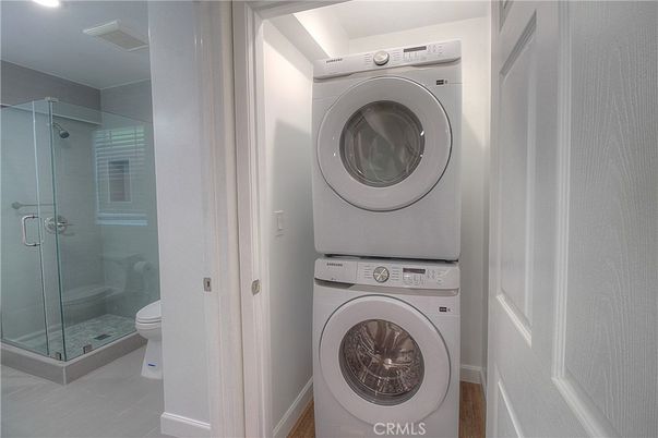 Bathroom, Glass Shower, Interior, Recessed Lighting, Utility Closets, Washer
