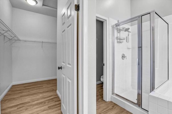 Bathroom, Glass Shower, Interior, Walk-in Closets, Wood Texture Flooring