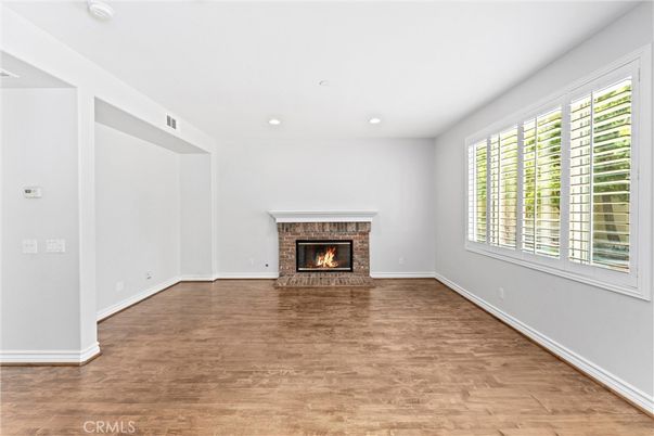 Empty room, Fireplace, Interior, Recessed Lighting, Wood Texture Flooring