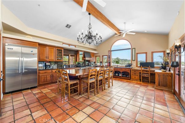 Chandelier, Interior, Kitchen, Recessed Lighting, Stainless Steel Appliances, Wooden Beams