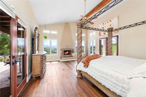 Bedroom, Fireplace, Interior, Pendant Lights, Wood Texture Flooring