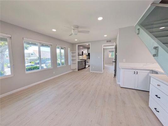 Empty room, Interior, Kitchen, Recessed Lighting, Wood Texture Flooring