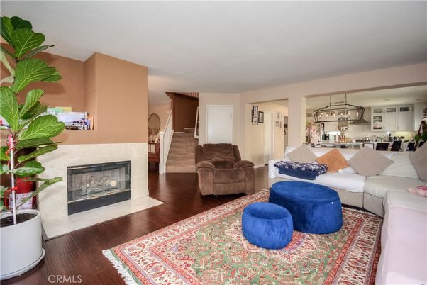 Dining room, Fireplace, Interior, Kitchen, Living room, Pendant Lights, Wood Texture Flooring