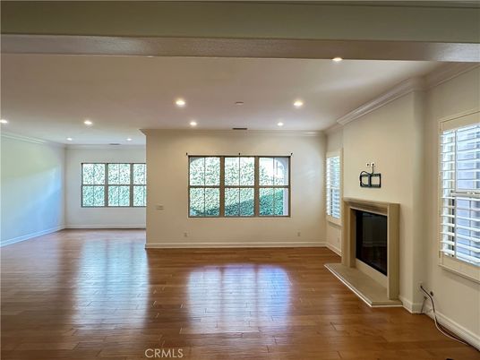 Empty room, Fireplace, Interior, Recessed Lighting, Wood Texture Flooring
