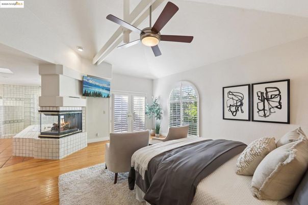 Bedroom, Fireplace, Interior, Recessed Lighting, Wood Texture Flooring