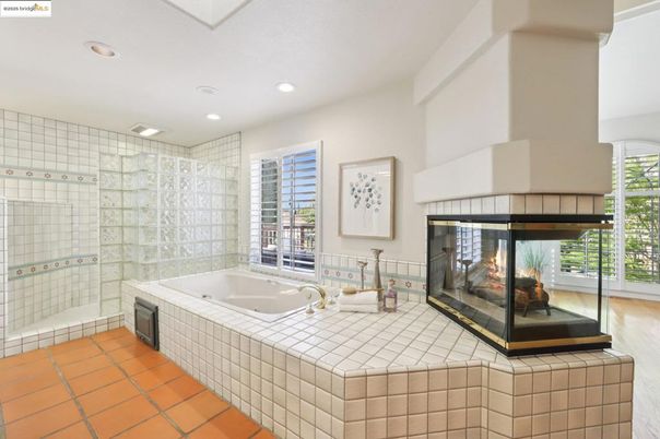 Bathroom, Fireplace, Glass Shower, Interior, Recessed Lighting