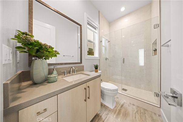 Bathroom, Glass Shower, Interior, Marble, Recessed Lighting, Wood Texture Flooring