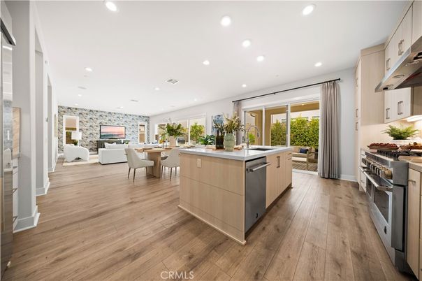 Dining room, Fireplace, Interior, Kitchen, Living room, Pendant Lights, Recessed Lighting, Stainless Steel Appliances, Wood Texture Flooring