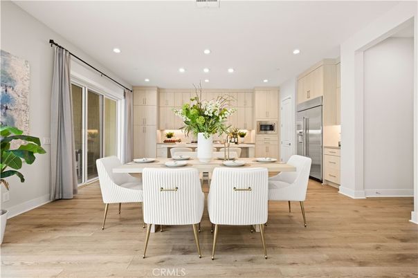 Dining room, Interior, Kitchen, Recessed Lighting, Stainless Steel Appliances, Wood Texture Flooring