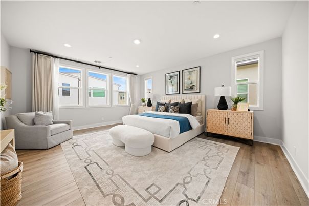 Bedroom, Interior, Recessed Lighting, Wood Texture Flooring