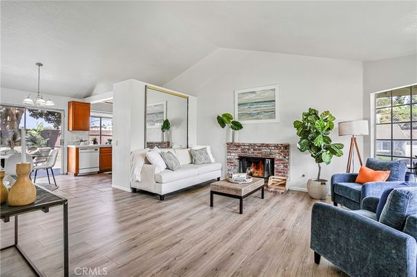 Dining room, Fireplace, Interior, Kitchen, Living room, Pendant Lights, Wood Texture Flooring