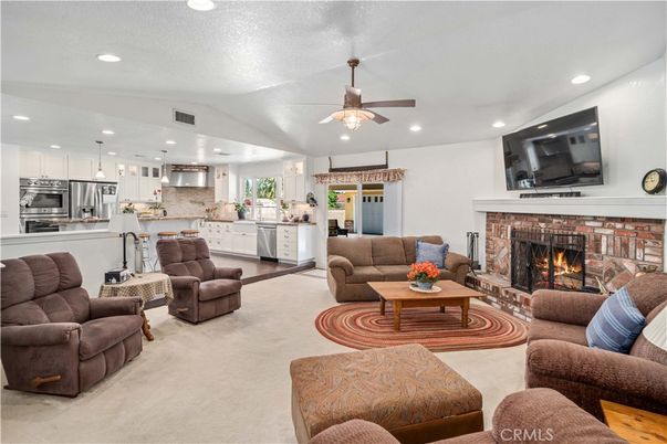 Fireplace, Interior, Kitchen, Living room, Pendant Lights, Recessed Lighting, Stainless Steel Appliances