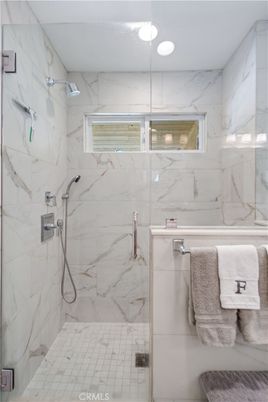 Bathroom, Glass Shower, Interior, Marble Walls, Recessed Lighting
