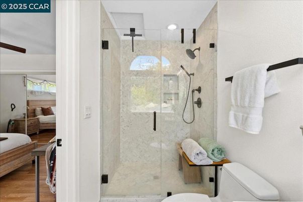 Bathroom, Glass Shower, Interior, Recessed Lighting, Wood Texture Flooring