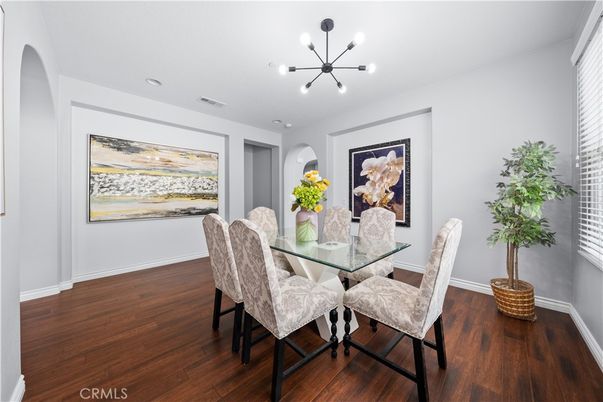 Dining room, Interior, Pendant Lights, Wood Texture Flooring