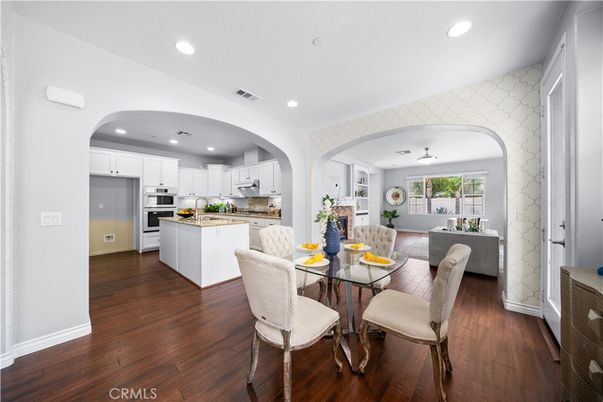 Dining room, Interior, Kitchen, Recessed Lighting, Stainless Steel Appliances, Wood Texture Flooring