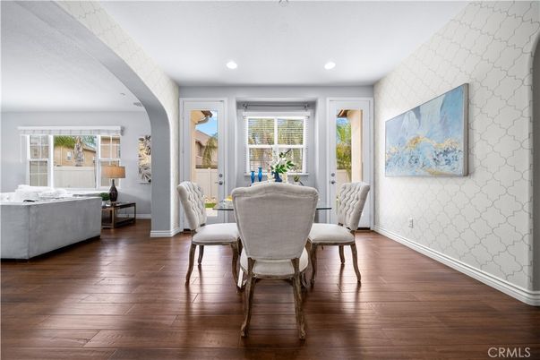 Dining room, Interior, Recessed Lighting, Wood Texture Flooring