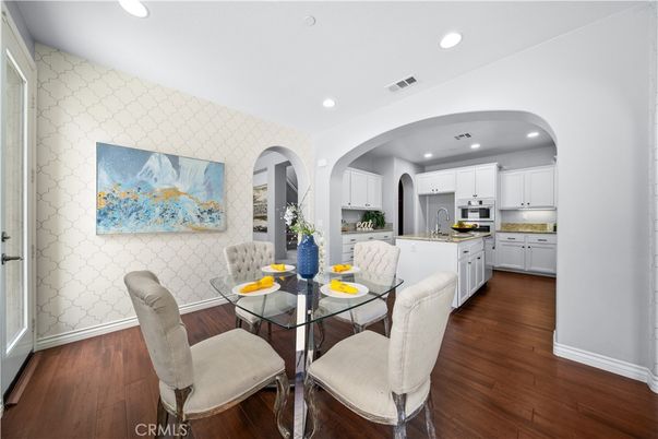 Dining room, Interior, Kitchen, Recessed Lighting, Stainless Steel Appliances, Wood Texture Flooring