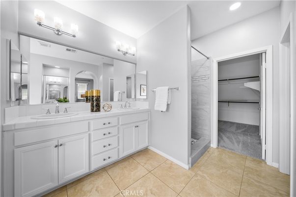 Bathroom, Dual Sink Vanities, Glass Shower, Interior, Recessed Lighting, Tile Countertops
