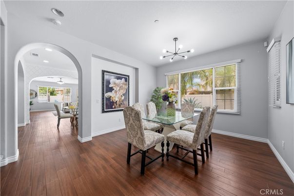 Dining room, Interior, Pendant Lights, Recessed Lighting, Wood Texture Flooring