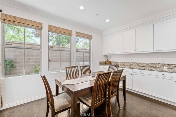 Dining room, Interior, Recessed Lighting, Wood Texture Flooring