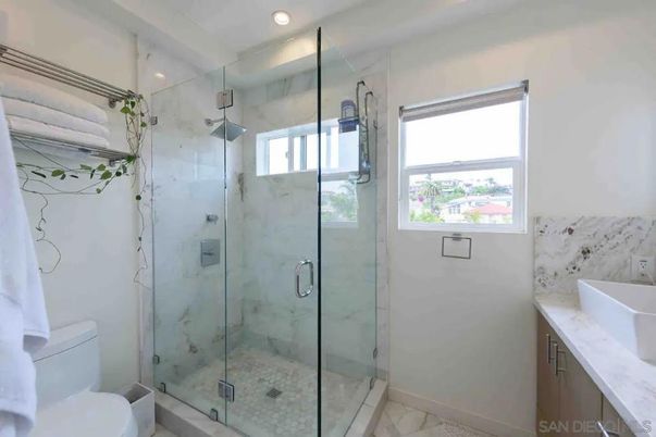 Bathroom, Glass Shower, Interior, Marble, Marble Walls, Recessed Lighting