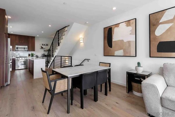 Dining room, Interior, Kitchen, Recessed Lighting, Stainless Steel Appliances, Wood Texture Flooring