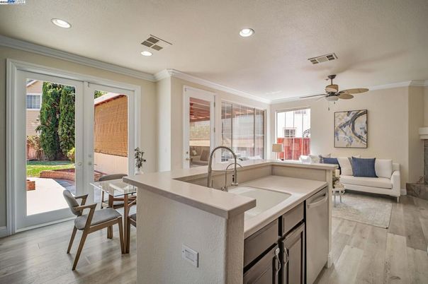 Dining room, Interior, Kitchen, Living room, Recessed Lighting, Wood Texture Flooring