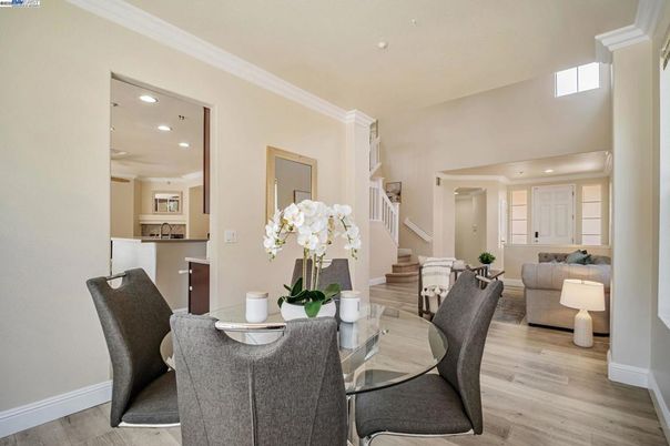 Dining room, Interior, Living room, Recessed Lighting, Wood Texture Flooring