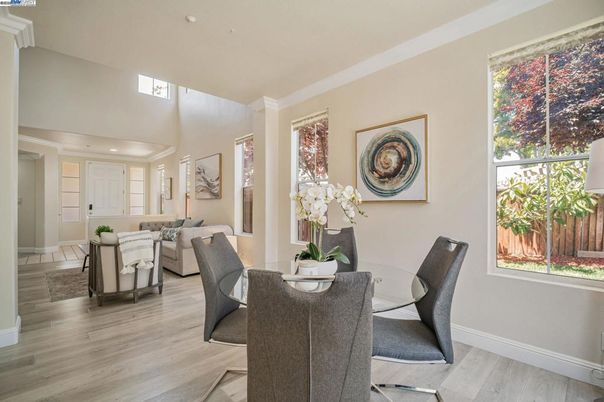 Dining room, Interior, Living room, Recessed Lighting, Wood Texture Flooring