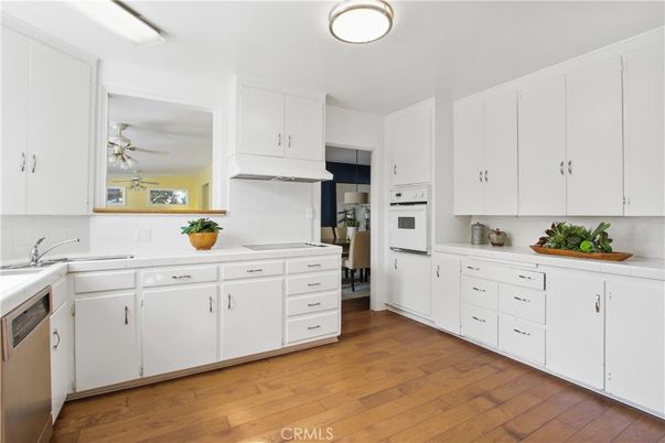 Interior, Kitchen, Tile Countertops, Wood Texture Flooring