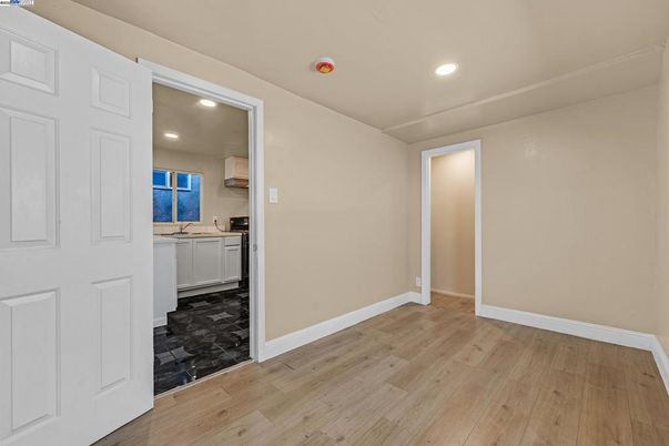 Empty room, Interior, Kitchen, Recessed Lighting, Wood Texture Flooring