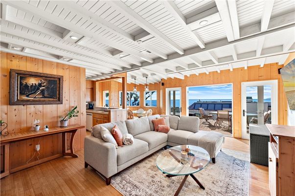Interior, Living room, Recessed Lighting, Water, Wood Texture Flooring, Wooden Walls