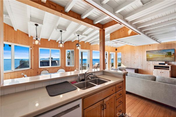 Interior, Kitchen, Living room, Pendant Lights, Water, Wood Texture Flooring, Wooden Walls