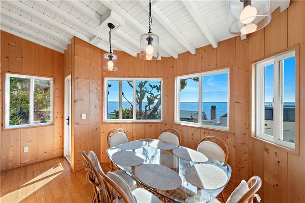 Dining room, Interior, Pendant Lights, Water, Wood Texture Flooring, Wooden Walls