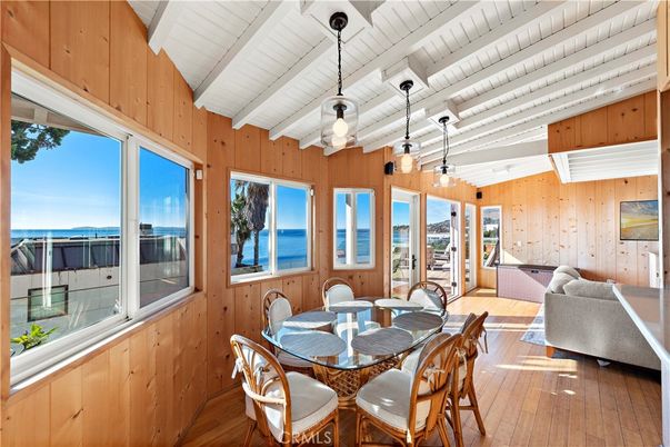 Dining room, Interior, Pendant Lights, Water, Wood Texture Flooring, Wooden Walls