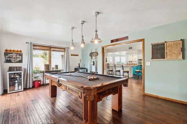 Billiard Table, Game Room, Interior, Pendant Lights, Wood Texture Flooring