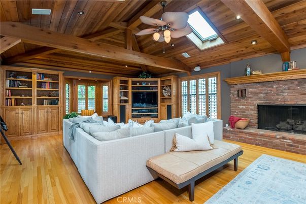 Fireplace, Interior, Living room, Recessed Lighting, Stone Walls, Wooden Beams, Wooden Ceilings, Wood Texture Flooring