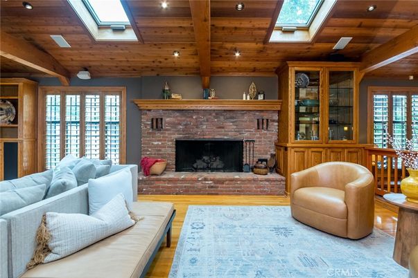 Fireplace, Interior, Living room, Recessed Lighting, Wooden Beams, Wooden Ceilings, Wood Texture Flooring