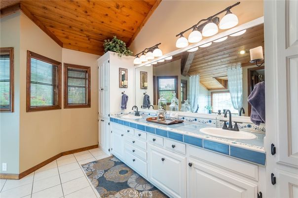 Bathroom, Dual Sink Vanities, Interior, Tile Countertops, Wooden Ceilings