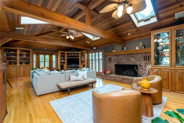Fireplace, Interior, Living room, Recessed Lighting, Wooden Beams, Wooden Ceilings, Wood Texture Flooring, Wooden Walls