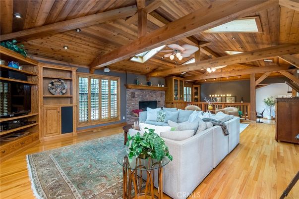 Fireplace, Interior, Living room, Pendant Lights, Recessed Lighting, Wooden Beams, Wooden Ceilings, Wood Texture Flooring