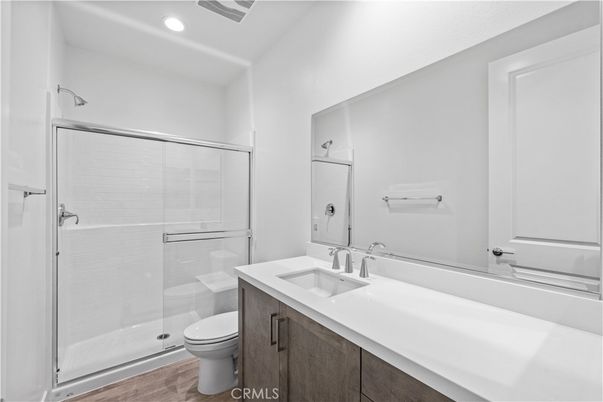 Bathroom, Glass Shower, Interior, Recessed Lighting, Wood Texture Flooring