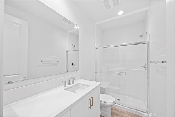 Bathroom, Glass Shower, Interior, Recessed Lighting, Wood Texture Flooring