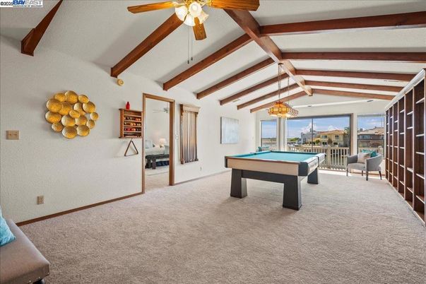 Billiard Table, Game Room, Interior, Pendant Lights, Wooden Beams