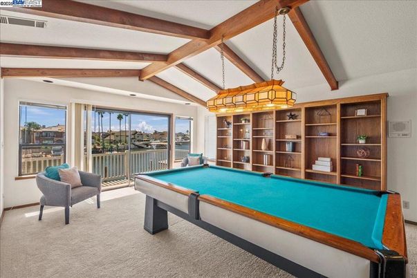 Billiard Table, Game Room, Interior, Pendant Lights, Wooden Beams
