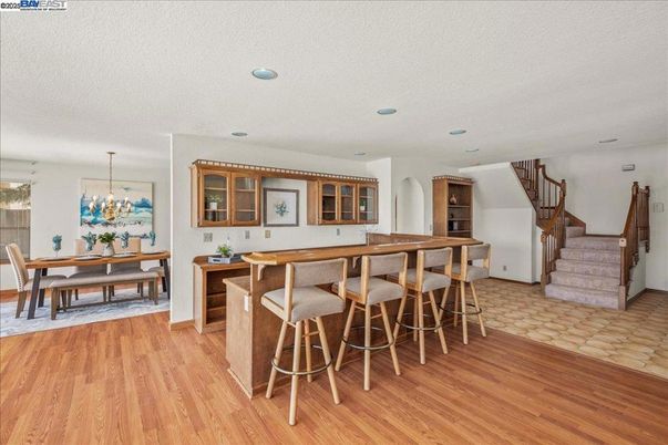 Dining room, Interior, Pendant Lights, Recessed Lighting, Wood Texture Flooring