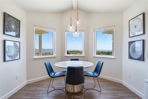 Dining room, Interior, Pendant Lights, Wood Texture Flooring