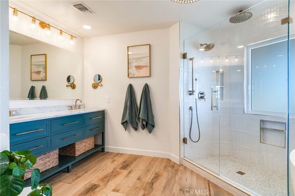Bathroom, Glass Shower, Interior, Recessed Lighting, Wood Texture Flooring